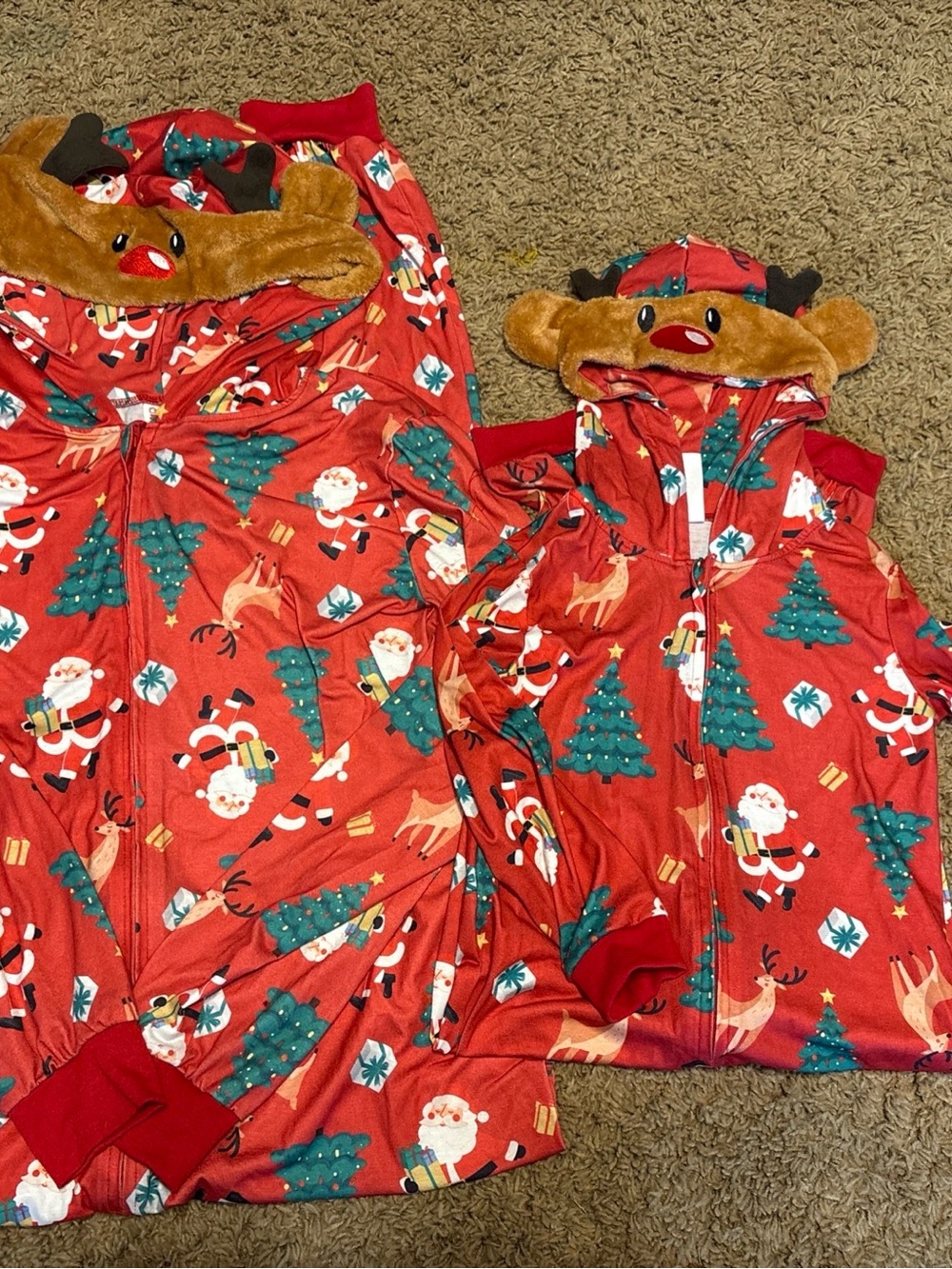 Cozy Mommy and Me Red Reindeer & Santa Holiday Hooded, Zipup Pajama Set